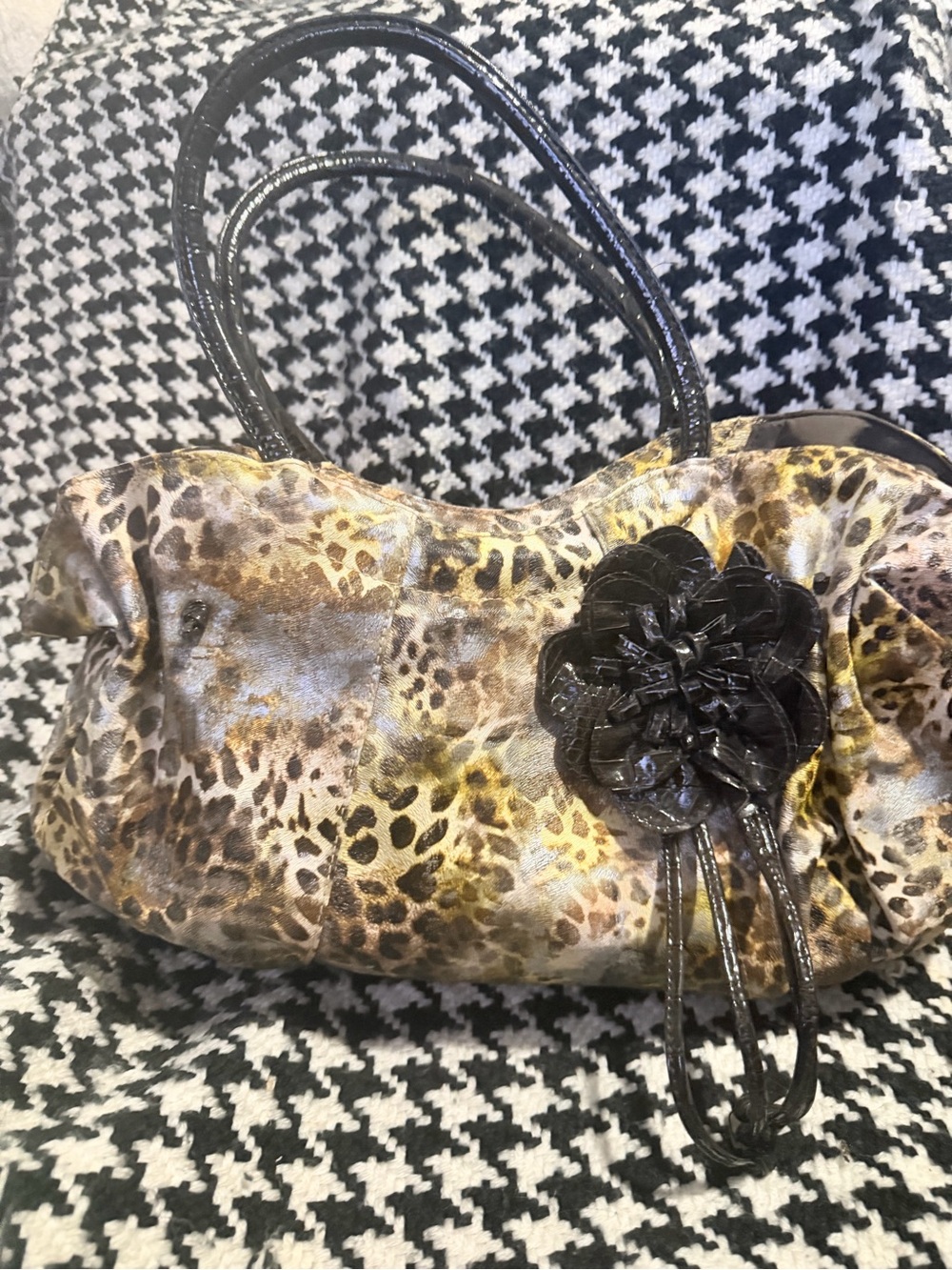 Chateau Leopard Print Shoulder Bag with Black Flower Accent